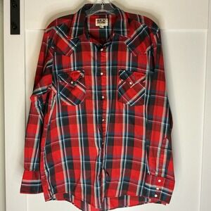 VINTAGE Ely‎ Cattleman Shirt Mens Large Red Plaid Pearl Snap Cowboy Western